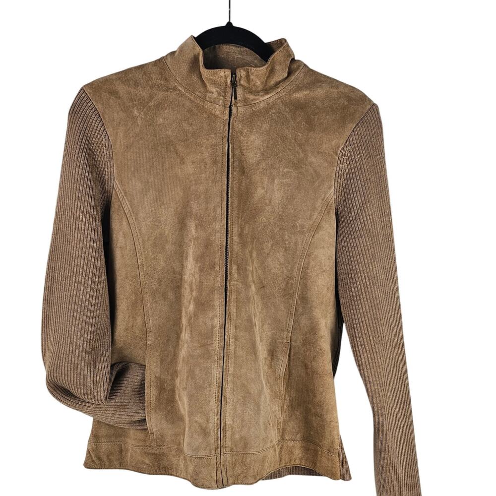 Jacket Pendleton camel brown suede wool rib knit zip front size Medium